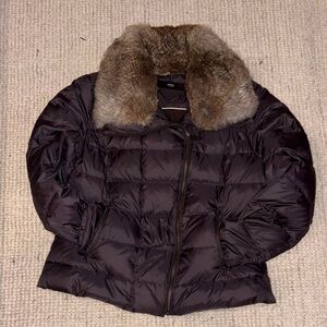 Tumi Dark Brown Puffer Jacket with detachable genuine rabbit Fur Collar